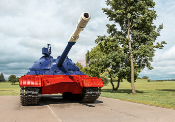 Tank. Military, war concept. Ground combat with Russian flag.