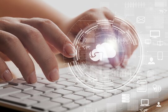 Businessman hand to synchronize host server to working on system for technology and business concept