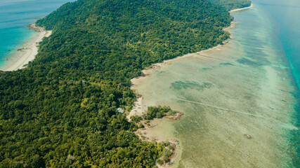 Aerial drone view of coastal scenery at Besar Island or Pulau Besar in Mersing, Johor, Malaysia