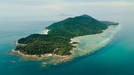 Aerial drone view of coastal scenery at Besar Island or Pulau Besar in Mersing, Johor, Malaysia
