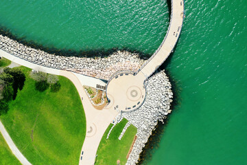 Aerial view of Burlington Pier in Ontario, Canada on a fine day - 520804329