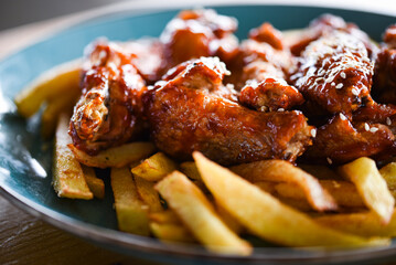 crispy barbecue chicken wings with fries
