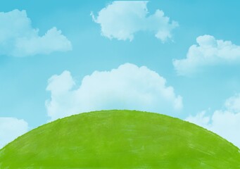 Fototapeta na wymiar 緑の丘と白い雲と青い空のイラスト背景