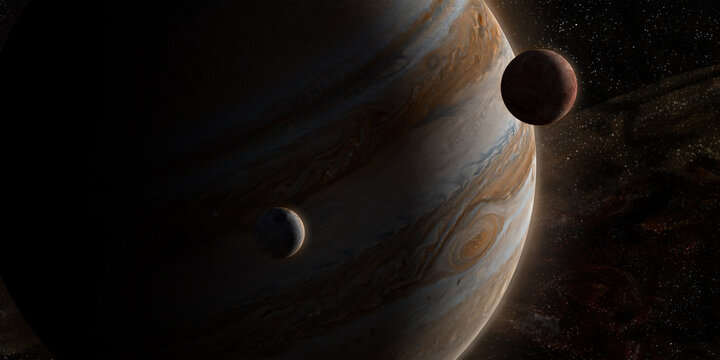 Detailed view of the planet Jupiter and its four moons Io, Europa, Ganymede and Callisto. Gaseous planet of the solar system. 3d illustration