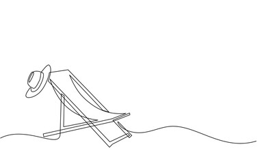 Continuous line drawing of summer vacation concept, sandy beach, beach umbrella, lounge chairs, straw hat, sunglasses and flip flops on tropical beach in single line doodle style. Editable strokes.