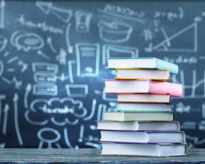 A pile of books with mathematical equations and graphs in the screen against a dark background