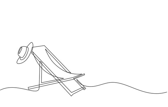 recommend clip art: Continuous line drawing of summer vacation concept, sandy beach, beach umbrella, lounge chairs, straw hat, sunglasses and flip flops on tropical beach in single line doodle style. Editable strokes.