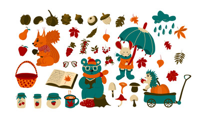 Autumn hand drawn set of animal, leaves, mushrooms, berries, book, jam. Doodle collection of childish bear, mouse, squirrel, hedgehog on pumpkin in trolley.