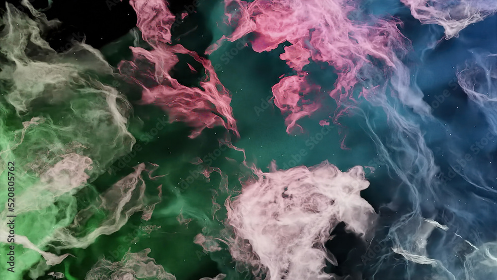 Poster moving 3d streams of smoke on black background. design. dynamic flow of colorful fog on black backgr