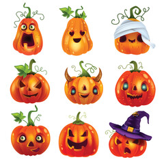 Halloween pumpkin vector set, scary carving face, orange happy cartoon lantern laugh festive element. Spooky funny expression, witch hat, cut mouth, evil eyes. Halloween pumpkin season holiday clipart