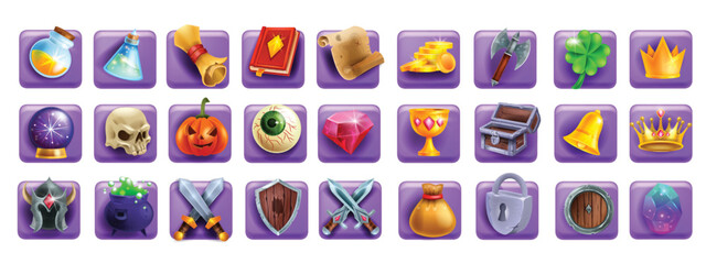 3D game icon set, magic UI badge kit, golden coin, witch potion, slot machine cartoon element, book. Reward resource object, sword shield, defence skill, warrior weapon. Fantasy game icon collection © Oleksandra