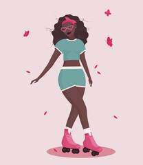Young beautiful black girl 80s style roller skating