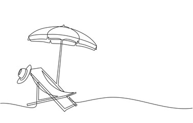 Continuous line drawing of summer vacation concept, sandy beach, beach umbrella, lounge chairs, straw hat, sunglasses and flip flops on tropical beach in single line doodle style. Editable strokes.