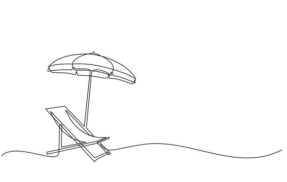 Continuous line drawing of summer vacation concept, sandy beach, beach umbrella, lounge chairs, straw hat, sunglasses and flip flops on tropical beach in single line doodle style. Editable strokes.