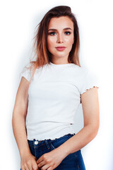 Fototapeta premium young pretty stylish blond girl posing emotional isolated on white background happy smiling cool smile, lifestyle people concept