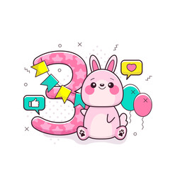 3 year birthday invitation or greeting with cute bunny