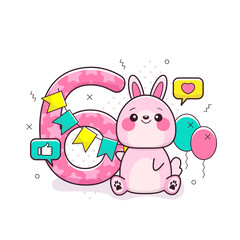 6 year birthday invitation or greeting with cute bunny