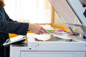 businesswoman using photocopier printer scanner laser office copy machine supplies start concept
