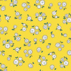 Seamless pattern of small white flowers on yellow background. Floral vector print