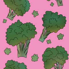 Seamless pattern with broccoli green and magenta helthy food