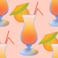 Seamless pattern with cocktails umbrella orange straw colorful