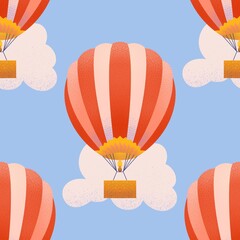 Seamless pattern with handdrawn hot air balloon in clouds in the sky colorful
