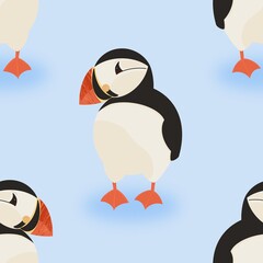 Seamless pattern with arctic bird tupic monk puffin handdrawn 