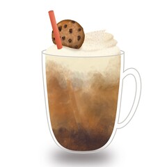illustration iced coffee whipped cream and cookie straw separated handdrawn 