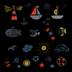 A collection of pictures on a marine theme. Children's style, chalk drawing on a black background.