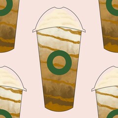 Seamless pattern with iced coffee whipped cream and caramel handdrawn 