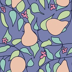 Seamless pattern with pears flovers and leaves handdrawn  colorful