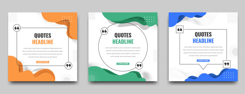 Set Of Quotes Square Banner Template Design. White Background With Orange, Green, And Blue Wavy Shape. Usable For Social Media Post, Card, And Web Ad