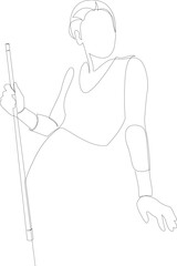 One continuous line drawing of young beauty woman stands and holds a billiard stick. Tournament indoor sport game concept. Vector illustration