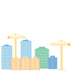 Set of high-rise buildings and construction crane, flat style vector, isolated on white, construction