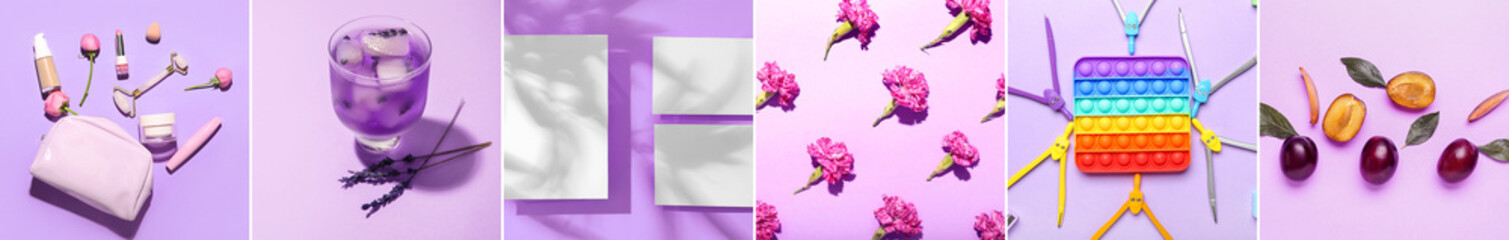 Stylish summer composition on violet background