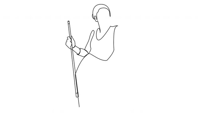Self drawing animation of one continuous line drawing of young beauty woman stands and holds a billiard stick. Tournament indoor sport game concept. 4K