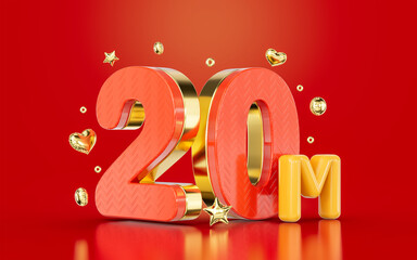 red golden number 20m twenty million social media followers Subscribers celebration 3d render