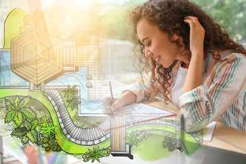 Double exposure of female landscape designer working in office and project plan