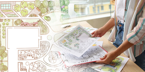 Collage with female landscape designer working in office and project plan © Pixel-Shot