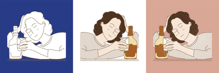 Overjoyed person with alcohol glass in hand. Adult drunker sitting with alcohol bottle. Set of different styles hand drawn flat vector illustration isolated on colored background.