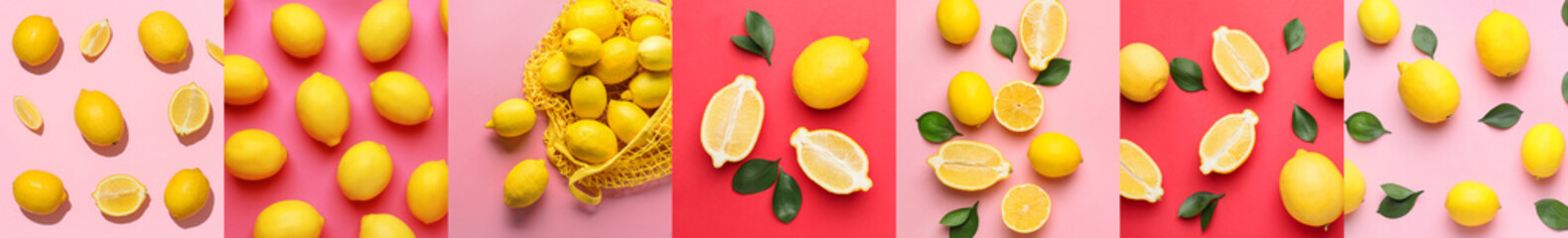 Fototapeta na wymiar Collage with many lemons on color background, top view