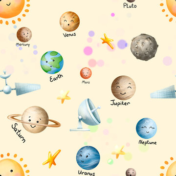 Astronaut seamless pattern. Space and cosmos watercolor pattern design. Universe kids Baby boy girl bear cosmonaut stars, planet, moon, rocket and shuttle watercolor space ship background.
