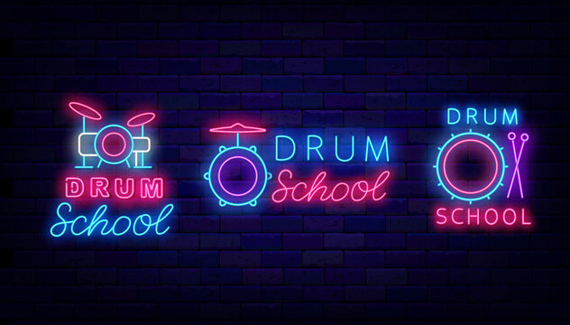 Drum school neon labels collection. Music education signs set on brick wall. Drum kit icon. Vector stock illustration