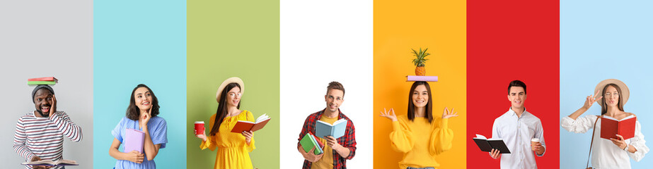 Set of different people with books on color background