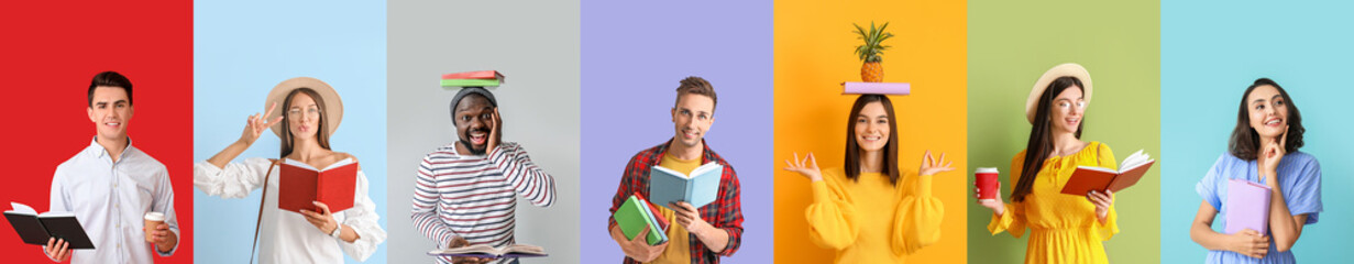 Set of many people with books on color background