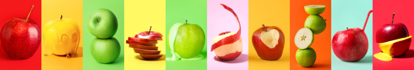 Set of ripe apples on colorful background