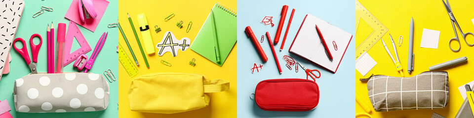 Collage with school stationery and pencil cases, top view