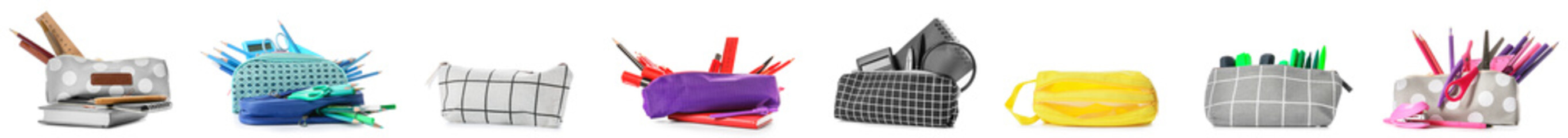 Set of pencil cases with school stationery on white background