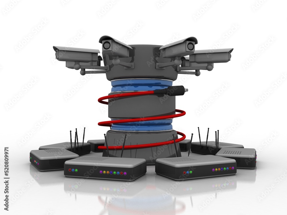 Poster 3d rendering transmitter wifi with database under cctv camera