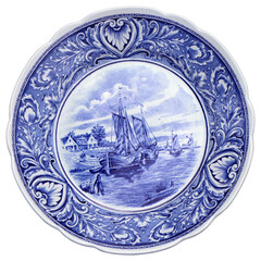 Old Blue and white ceramic plate with Dutch motifs as a souvenir - 520809912